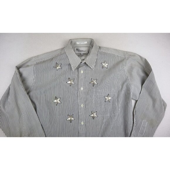MILI DESIGNS - WOMEN'S GRAY & WHITE STRIPED LONG SLEEVE BUTTON-UP APPLIQUE  - L - Picture 6 of 10